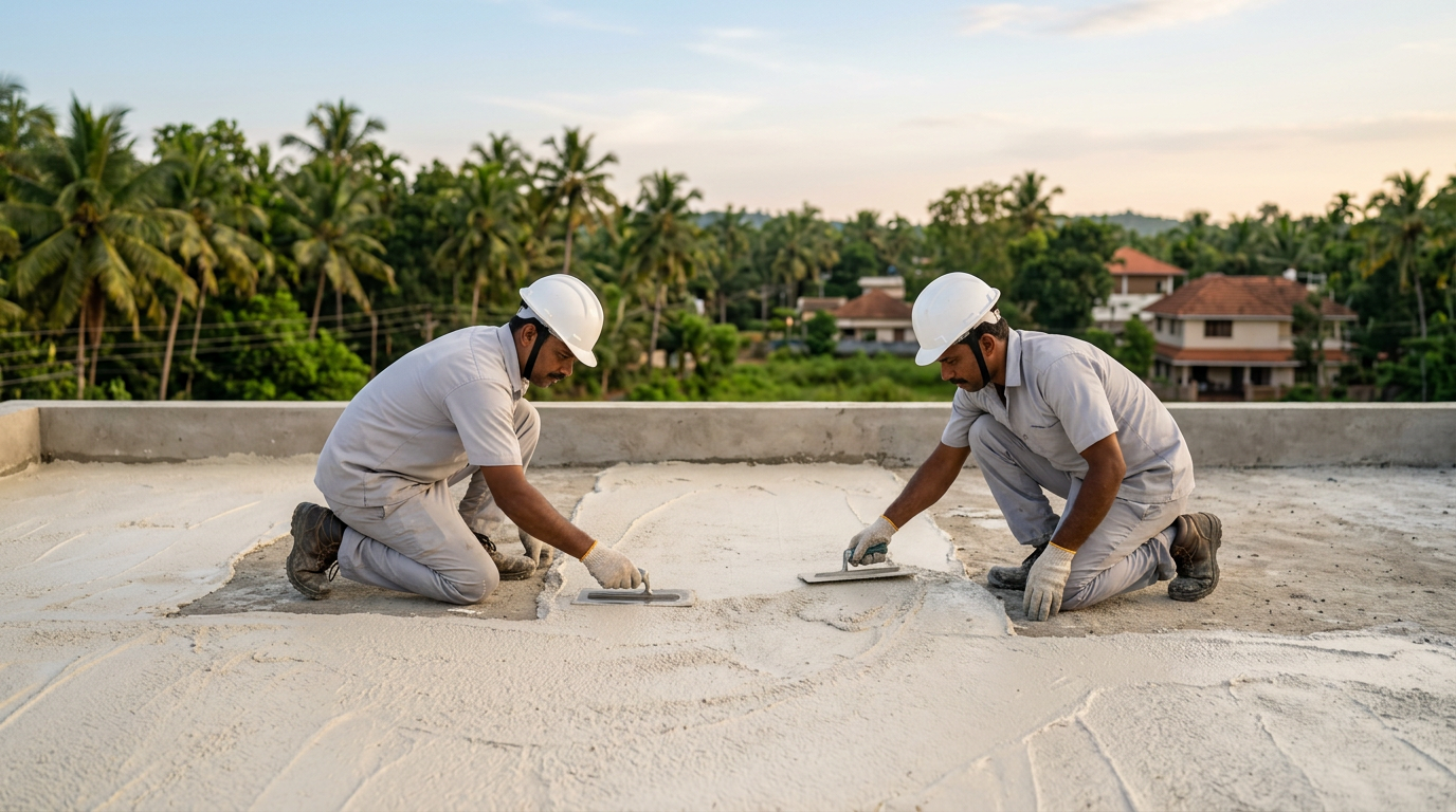 Bullego crew applying cement-like heat-proof plaster on a roof in Kerala