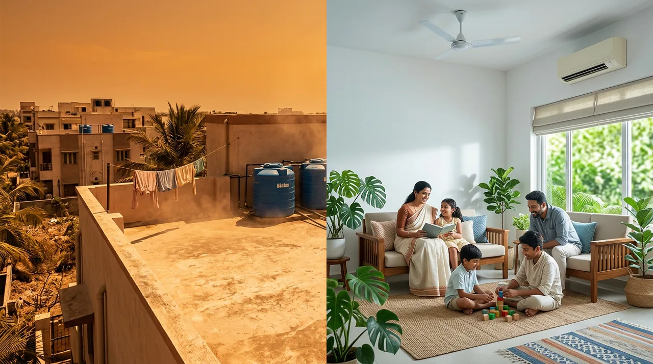 Hot exterior on the left and a cool comfortable Indian family home interior on the right